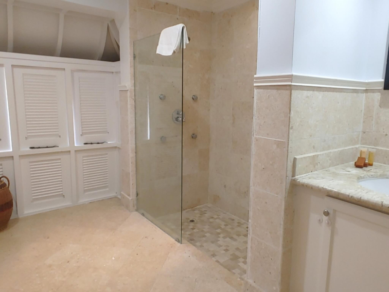 St. Lucia Real Estate Cap Cove – 3 Bedroom Townhouse + 1 Bed Cottage shower with glass door