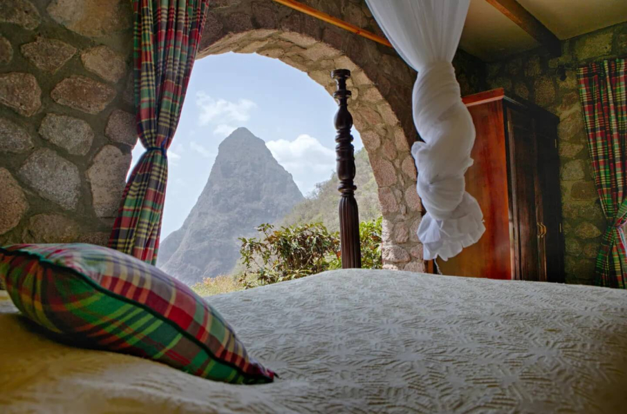 St. Lucia Real Estate Villa Piton room with stone walls