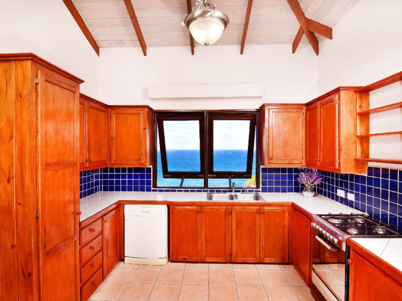 St. Lucia Real Estate Cliffside Estate kitchen with Oceanview